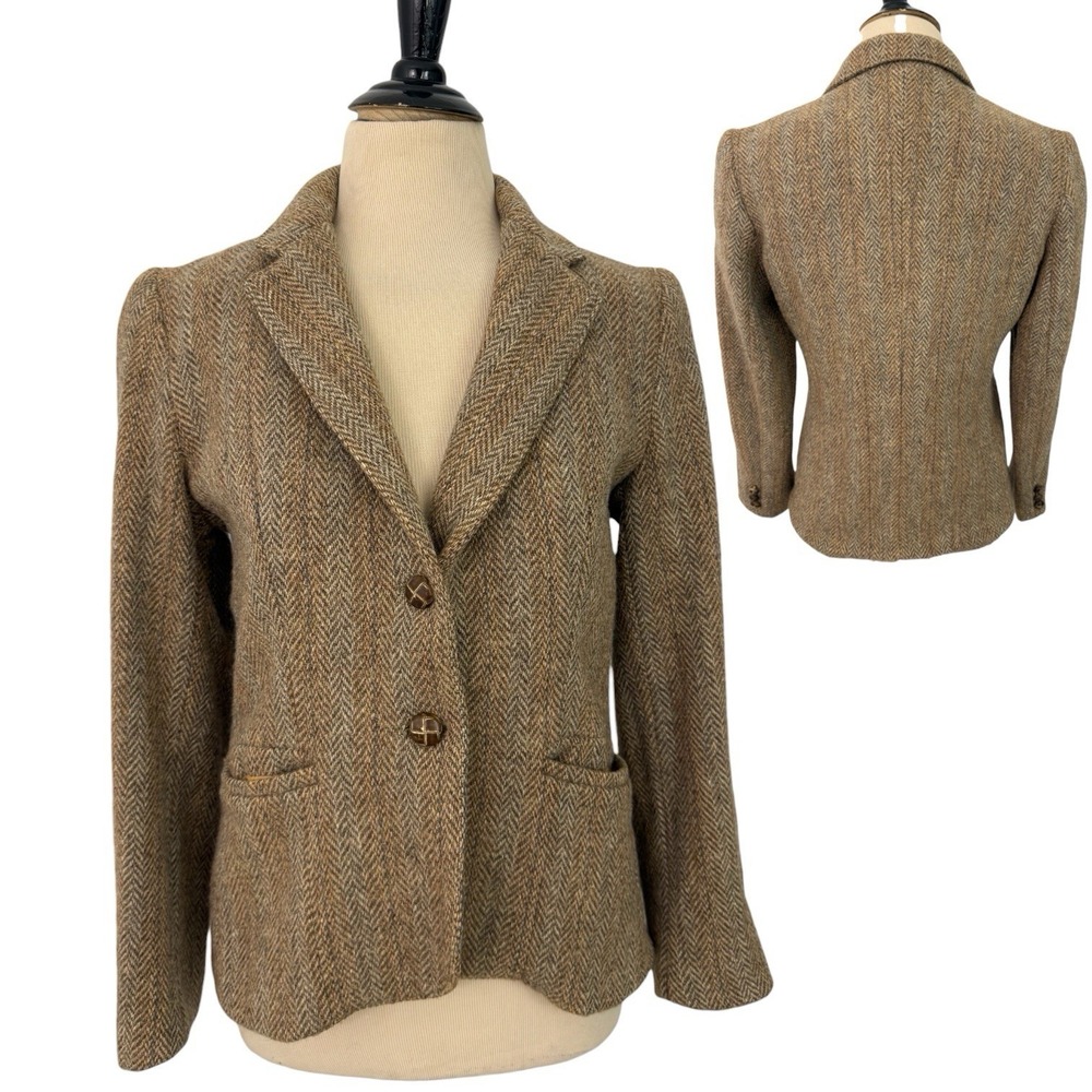True VINTAGE 100% Pure Wool Tweed JACKET Blazer Small 10 Herringbone Equestrian